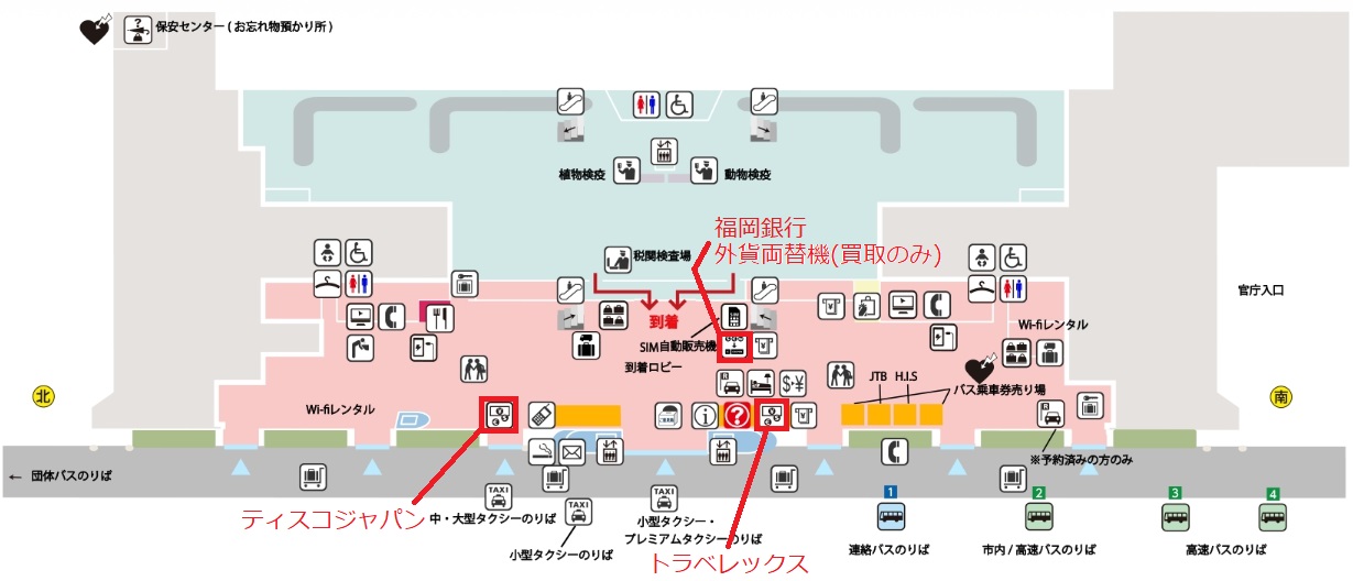 福岡空港の国際線ターミナル1Fの両替ショップの地図
